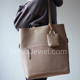 Taupe Pebbled Leather Vertical Tote Bag With Front Zipper Pocket And Matching Pouch DR
