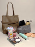 Taupe Pebbled Leather Vertical Tote Bag With Front Zipper Pocket And Matching Pouch DR