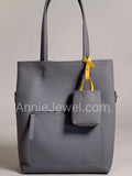 Taupe Pebbled Leather Vertical Tote Bag With Front Zipper Pocket And Matching Pouch DR