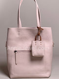 Taupe Pebbled Leather Vertical Tote Bag With Front Zipper Pocket And Matching Pouch DR