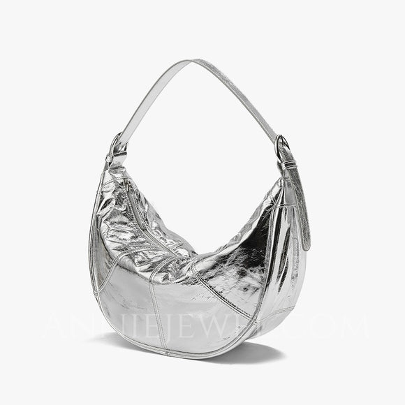 Silver Half Moon Leather Bag Leather Half Moon Bag Half Moon Shoulder Bag Womens