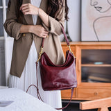 Women's Hobo Bucket Bag burgundy Leather Hobo Shoulder Bag 