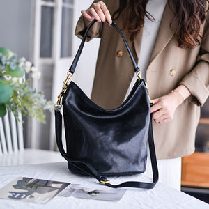 Women's Hobo Bucket Bag Black Leather Hobo Shoulder Bag 