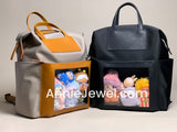 nylon backpack with leather trim and display window Laptop backpack transparent front pocket