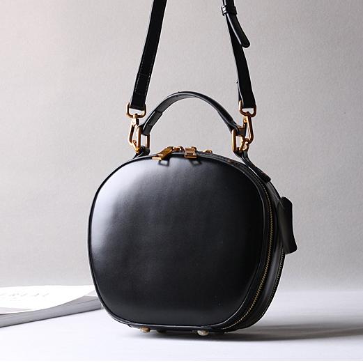 Black Round Purse Leather Circle Bag Circle Leather Handbag For Ladies 