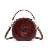 brown Genuine Leather Bag Round Cat Kitty Embossed Bag womens