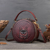 retro circle leather handbag Cat Kitty Embossed Bag womens