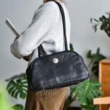 black Leather Mini Duffle Handbag Retro Small Leather Top Handle Bag Long Strap Womens - Annie Jewel