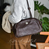 brown Leather Mini Duffle Handbag Retro Small Leather Top Handle Bag Long Strap Womens - Annie Jewel