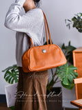Vintage Brown Leather Boston Bag Small Shoulder Tan Leather Bowling Bag Womens - Annie Jewel