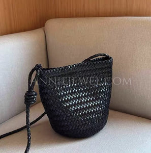 black Woven Leather Bucket Bag Leather Bucket Shoulder Bag Womens 