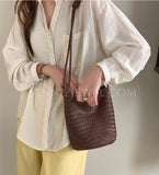 Woven Leather Bucket Bag Leather Bucket Shoulder Bag Womens 