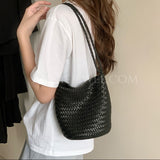 black Woven Leather Bucket Bag Leather Bucket Shoulder Bag Womens 