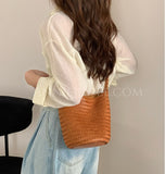 Woven Leather Bucket Bag Leather Bucket Shoulder Bag Womens 