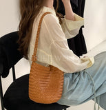 Woven Leather Bucket Bag Leather Bucket Shoulder Bag Womens 
