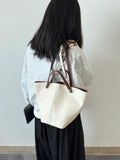 beige Bucket Tote Purse With Shoulder Strap And Handles Leather Bucket Tote Bag 
