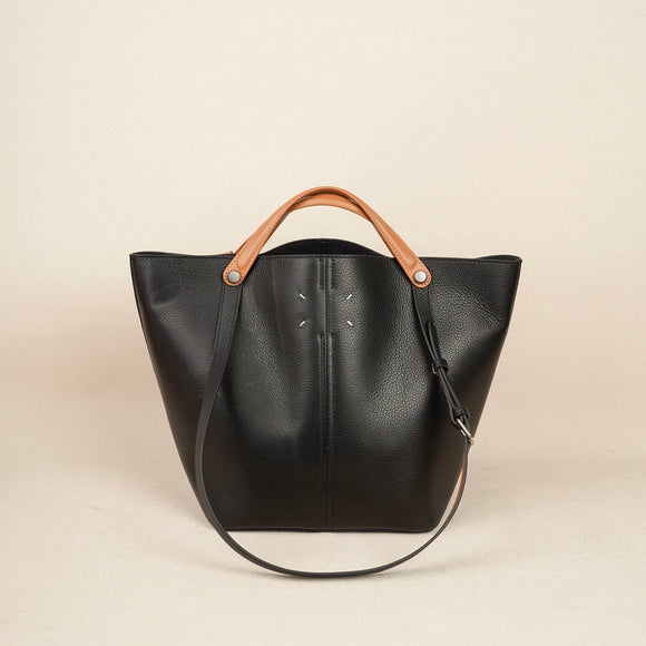 Black Bucket Tote Purse With Shoulder Strap And Handles Leather Bucket Tote Bag 