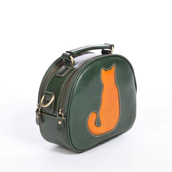 Leather Circle Bag Circle Leather Purse Round Leather Crossbody Bag With Cat Kitty 