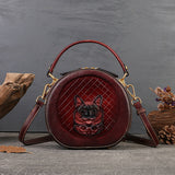 Cat Kitty Embossed Bag Genuine Leather Circle Bag Round Purse Leather 