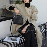 Brown Woven Leather Half Moon Handbag Leather Dome Handbag Double Zipper Womens