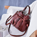 First Layer Leather Drawstring Bucket Bag red Leather Bucket Bag Womens