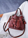 First Layer Leather Drawstring Bucket Bag burgundy Leather Bucket Bag Womens