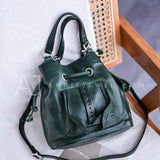 First Layer Leather Drawstring Bucket Bag Green Leather Bucket Bag Womens