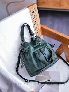 First Layer Leather Drawstring Bucket Bag Green Leather Bucket Bag Womens