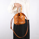 Small Pathwork Genuine Leather Drawstring Crossbody Bucket Bag Purse Womens 