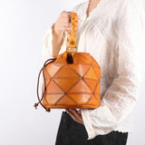 Small Pathwork Genuine Leather Drawstring Crossbody Bucket Bag Purse Womens 