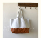 White And Brown Upright Leather Tote Bag Leather Laptop Tote Bag Women's