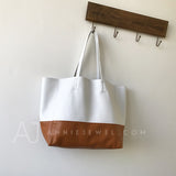 White And Brown Upright Leather Tote Bag Leather Laptop Tote Bag Women's