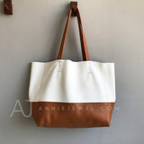 White And Brown Upright Leather Tote Bag Leather Laptop Tote Bag Women's