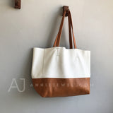 White And Brown Upright Leather Tote Bag Leather Laptop Tote Bag Women's