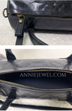 A close-up of a black leather handbag