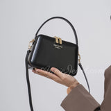 Black Structured Leather Handbag Top Handle Leather Rectangular Crossbody Bag Womens