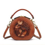 brown Leather Round Bag leather carving Bunny Embossed Bag  womens