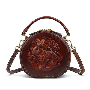 brown Leather Round Bag leather carving Bunny Embossed Bag  womens
