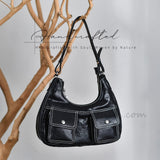 black Genuine Leather Hobo Bag With Two Front Pockets Leather Shoulder Purse White Contrast Stitching