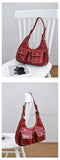 red genuine leather slouchy shoulder bag Leather Hobo Bag With Two Front Pockets Womens