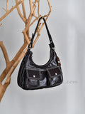 brown Genuine Leather Shoulder Purse Contrast Stitching Leather Hobo Bag With Two Front Pockets Womens