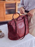 Women's Burgundy Leather Tote With Compartments zip top leather tote bag