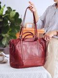 Women's Burgundy Leather Tote With Compartments zip top leather tote bag