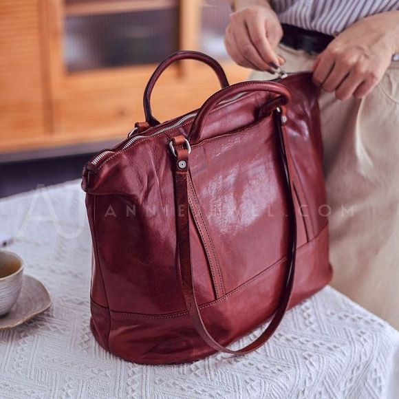 Women's Burgundy Leather Tote Handbags Leather Tote With Compartments