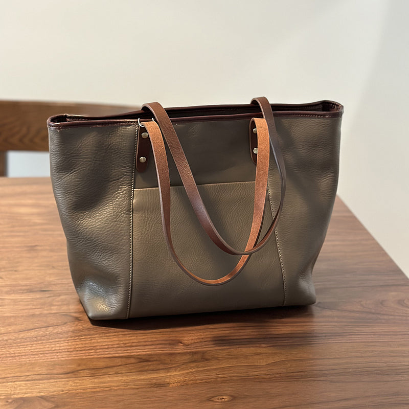 GRAY 2024 WOVEN GENUINE LEATHER ZIP TOTE