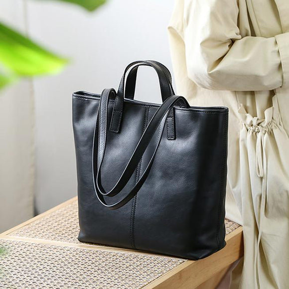 Medium Black Tote Real Leather Tote Bag Black Leather Work Tote