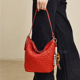 red Woven Leather Shoulder Bag woven leather bucket bag​ Leather Woven Hobo Bag Womens 