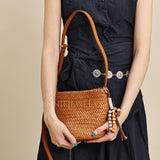 tan Woven Leather Shoulder Bag woven leather bucket bag​ Leather Woven Hobo Bag Womens 