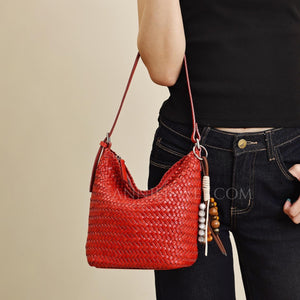 red Woven Leather Shoulder Bag Woven Leather Hobo Bag Leather Woven Hobo Bag Womens 