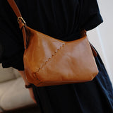 Genuine Leather Hobo Bag With Diagonal Stitching